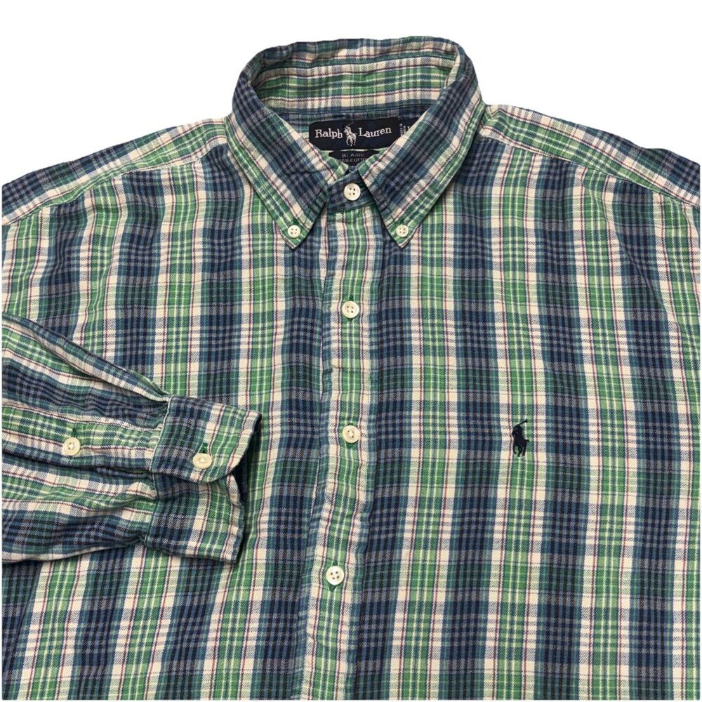 Ralph Lauren Blaire Mens Large Green Blue Plaid 100% Cotton Long Sleeve Shirt